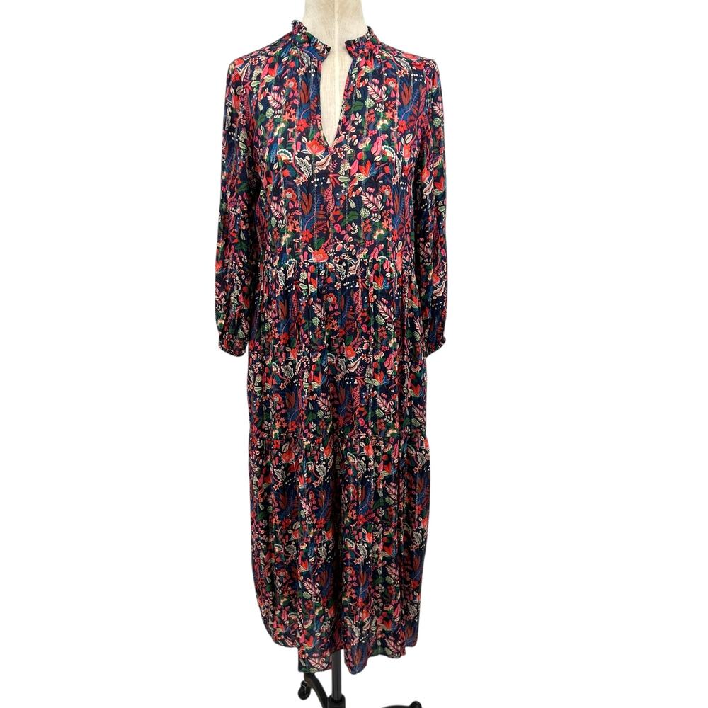Vilagallo Midi Dress Kaftan Floral Print Metallic Navy Blue Multi Size 42 US 8